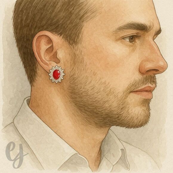 Ruby Red Oval Stud Earrings with CZ Halo in Silver Finish - Picture 1 of 7